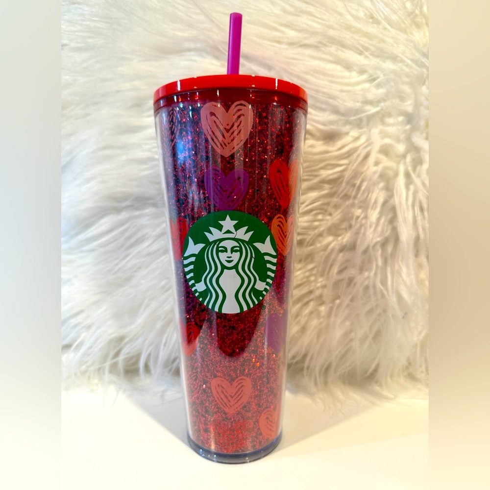 Starbucks Red Glitter Tumbler with Hearts